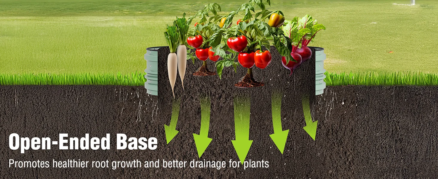 Garden bed cross section with vegetables and arrows showing open ended base for plant root growth and drainage