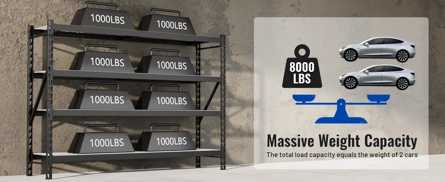 Metal weight rack with multiple 1000LBS plates, shown beside an 8000 LBS capacity graphic on a wall