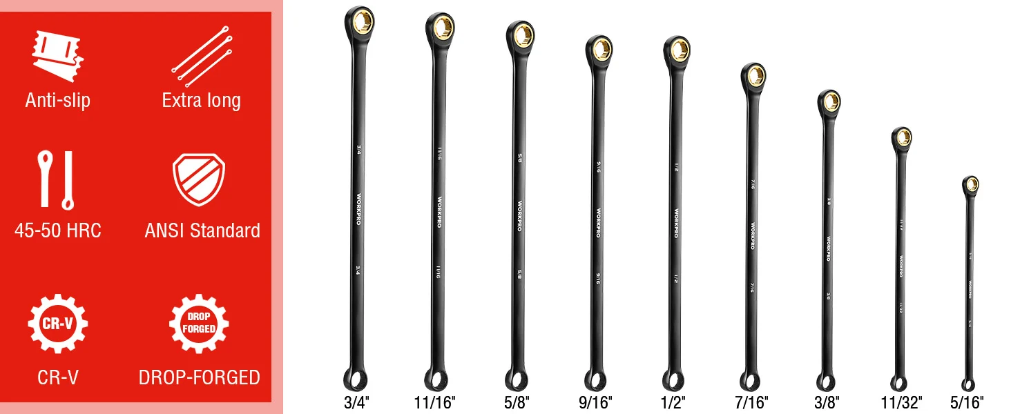 Set of black ratchet wrenches with gold heads, shown with Anti slip and DROP FORGED CR V labels