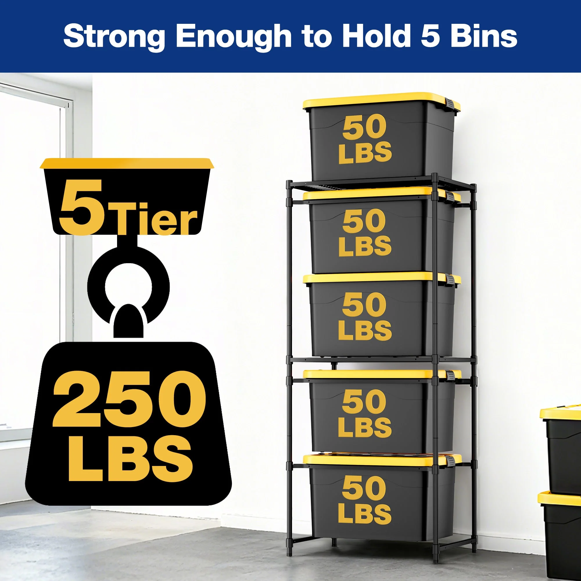 WORKPRO 250 LBS 5-Tier Bin Storage Rack for 27-Gallon Totes, Heavy Duty Metal Shelving Units for Garage, Basement, Pantry, Kitchen, Workspace, or Laundry Room, 30.5" x 22.5" x 69", Black - Image 3