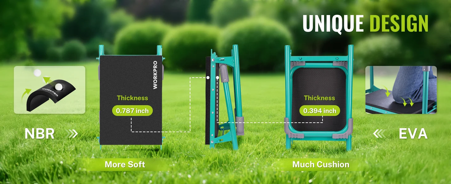 Folding chair design with NBR and EVA panels, showing thickness measurements on a green outdoor lawn