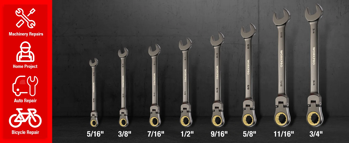 Set of WorkPro wrenches on a dark background, with sizes labeled 5 16 to 3 4, for quality and durable innovation