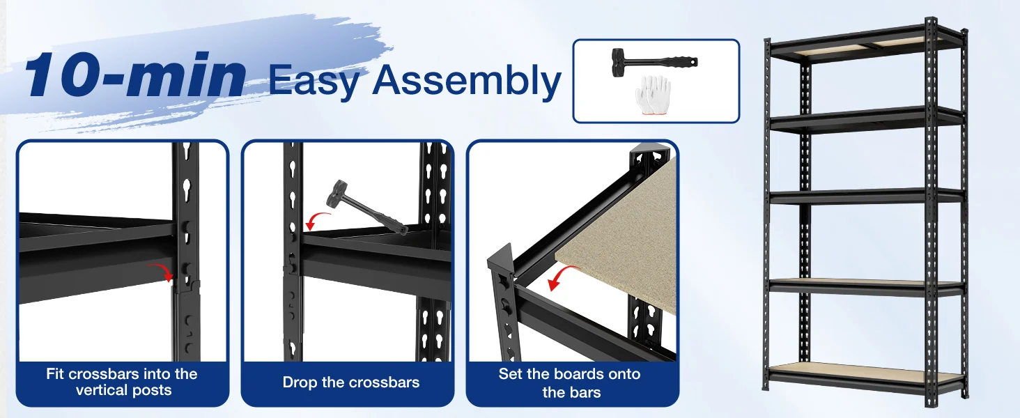 Metal storage rack assembly steps with 10-min easy assembly text, showing crossbars and boards being installed