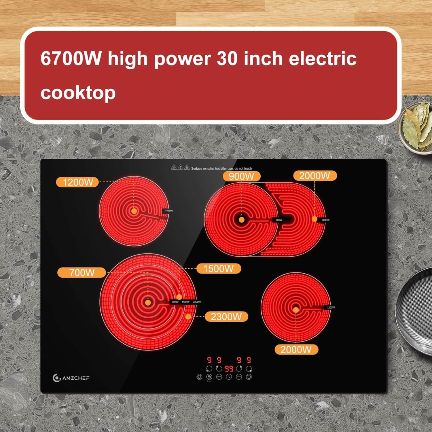 AMZCHEF Built-in Electric Ceramic Cooktop 4 High Power Burners 30 Inch 6700W 67HLB4T1 4
