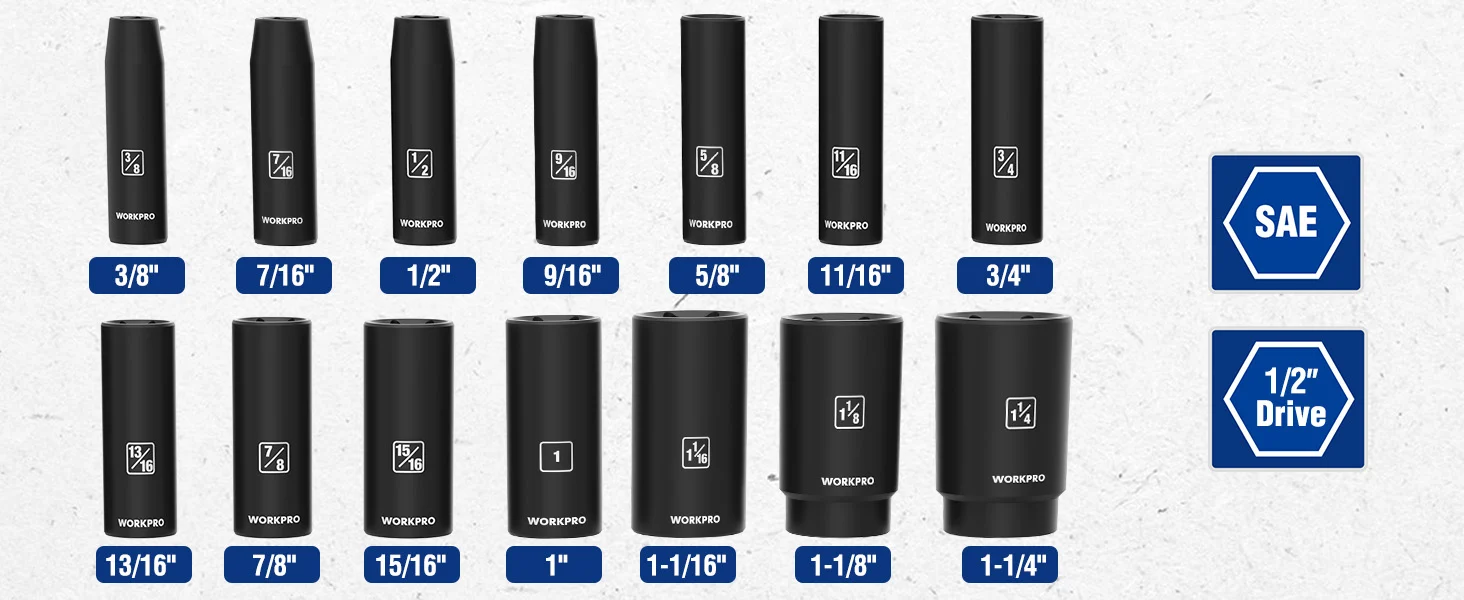 Set of black Workpro socket extensions with SAE and Drive markings, showing innovation, quality, and durable sizes