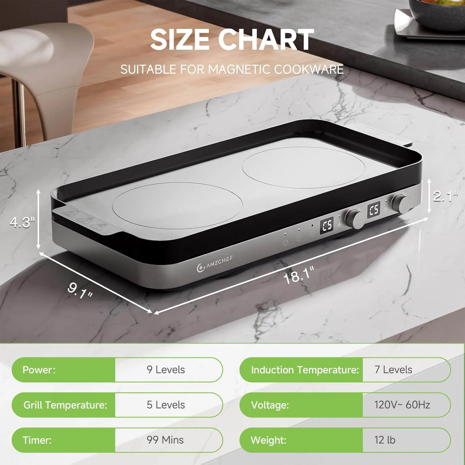 AMZCHEF Double Induction Cooktop with Removable Iron Cast Griddle Pan Grey 2