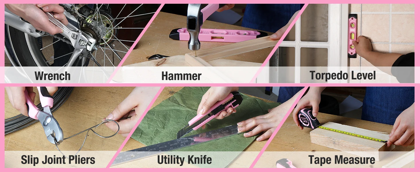 Tools and hands on a workbench, with wrench, hammer, torpedo level, slip joint pliers, utility knife, and tape measure