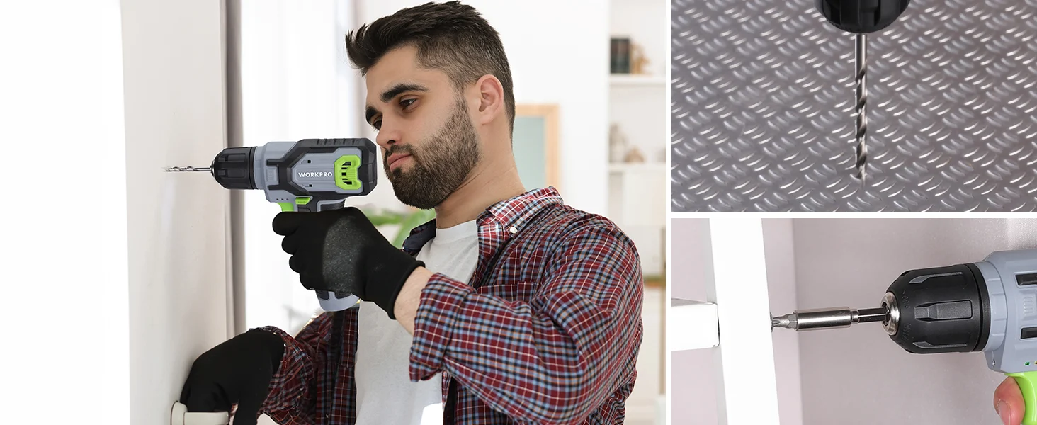 A man drills a wall with a cordless power drill, showing innovation and quality in a home repair task