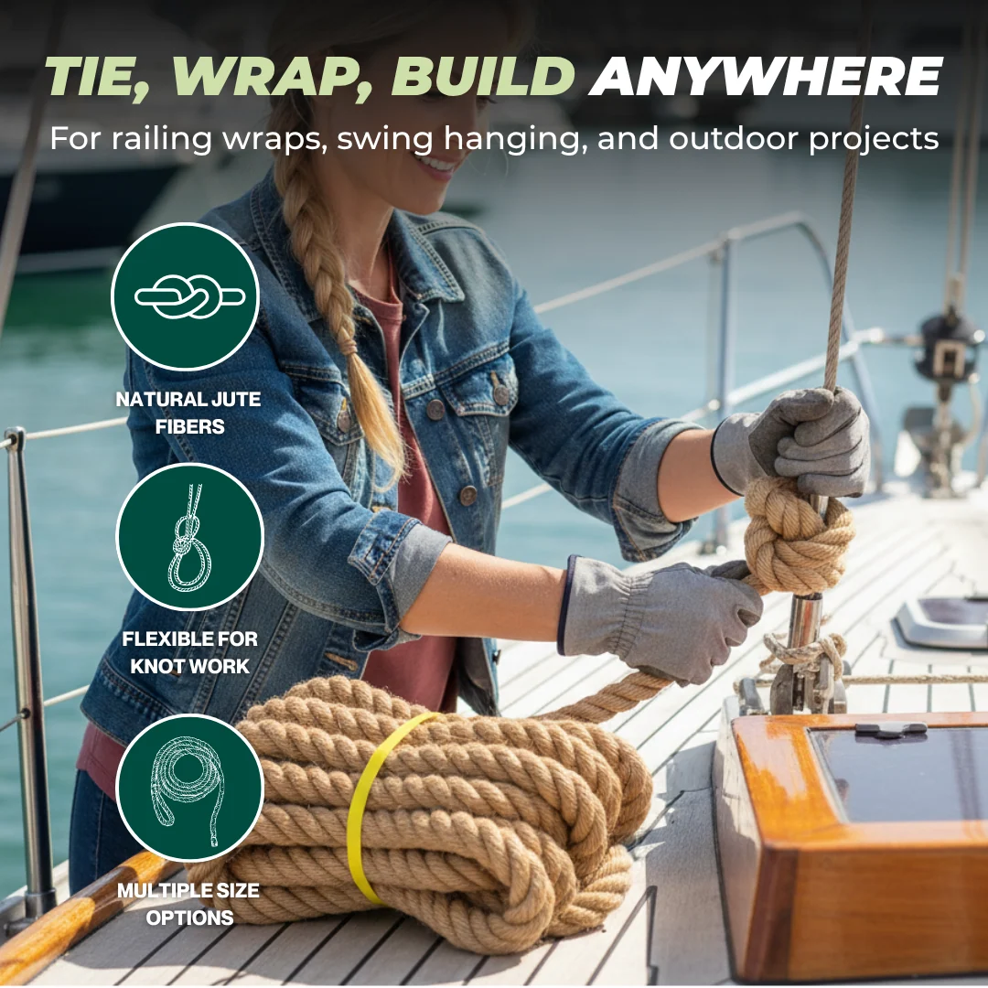 Natural Jute Rope for Outdoor Railing, Swing, Crafts 1, 1.5 and 2 in