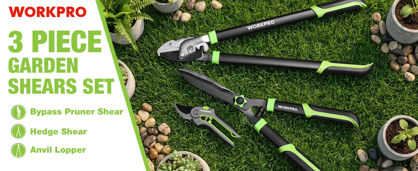 Garden shears set on green grass with Workpro tools, featuring innovation and durable, high-quality blades