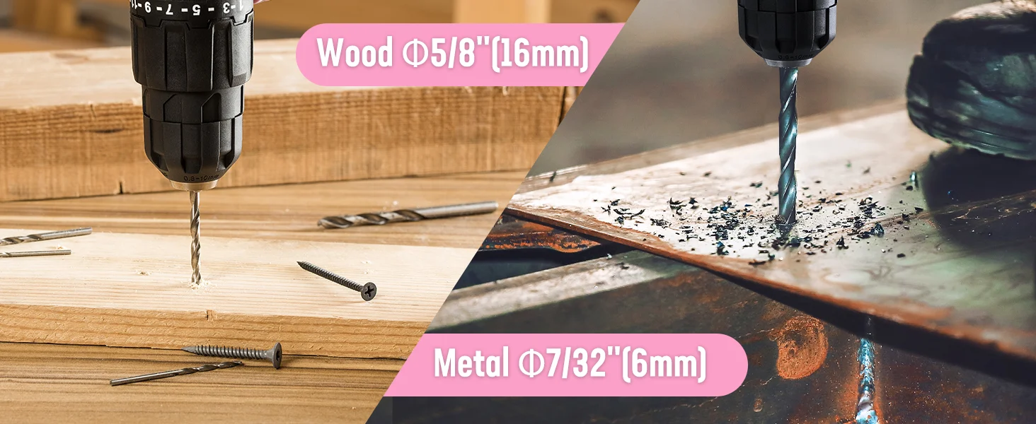 Power drill bit drilling wood and metal on a workbench, with visible metal shavings and screws