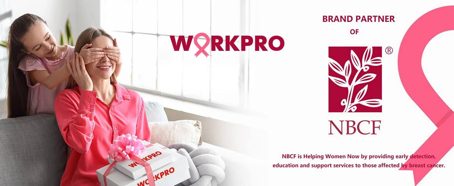 Woman in a pink shirt holding a child on a couch, with Workpro branding and NBCF text on a banner
