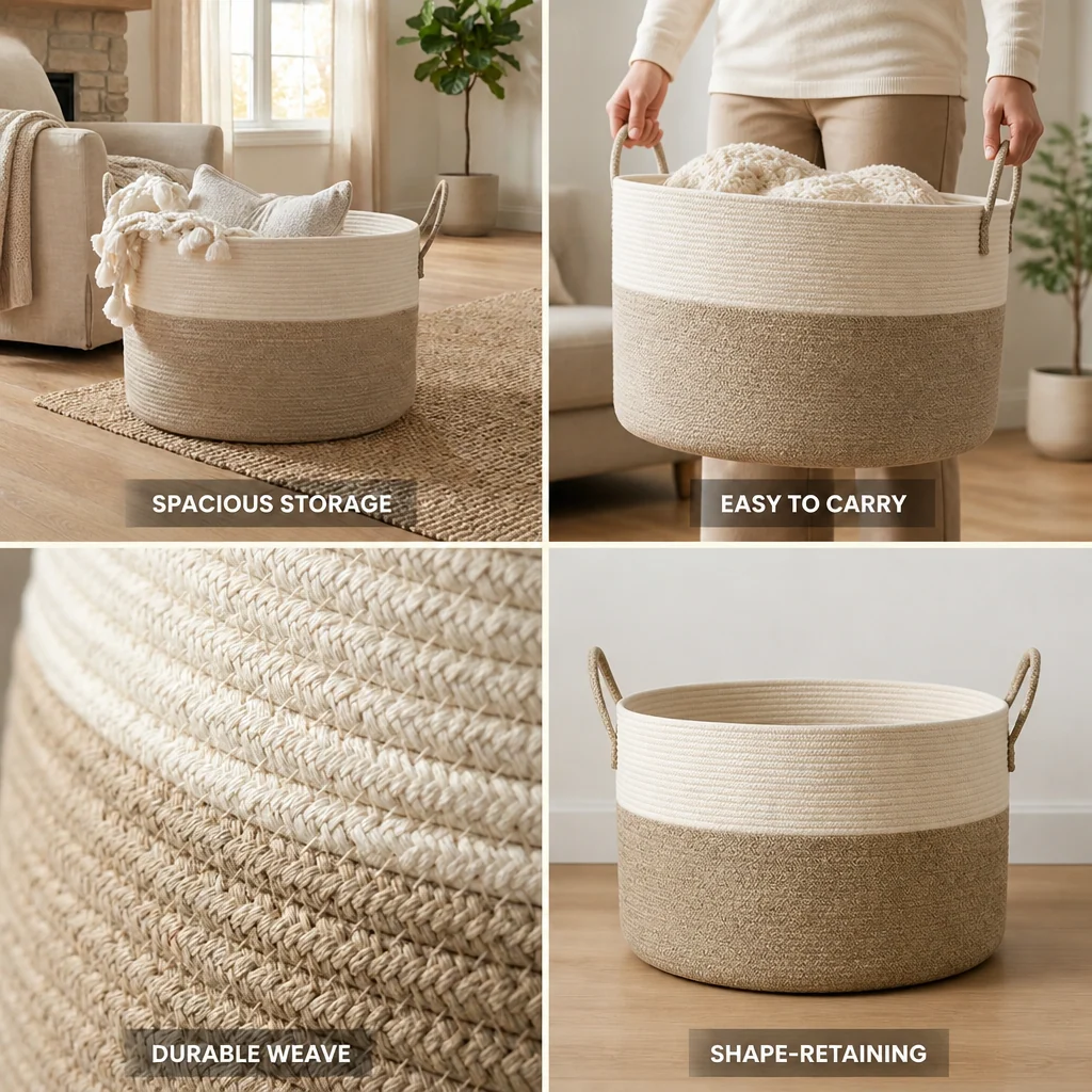 Woven Storage Basket Large Round Two-Tone Built-In Handles - Image 5