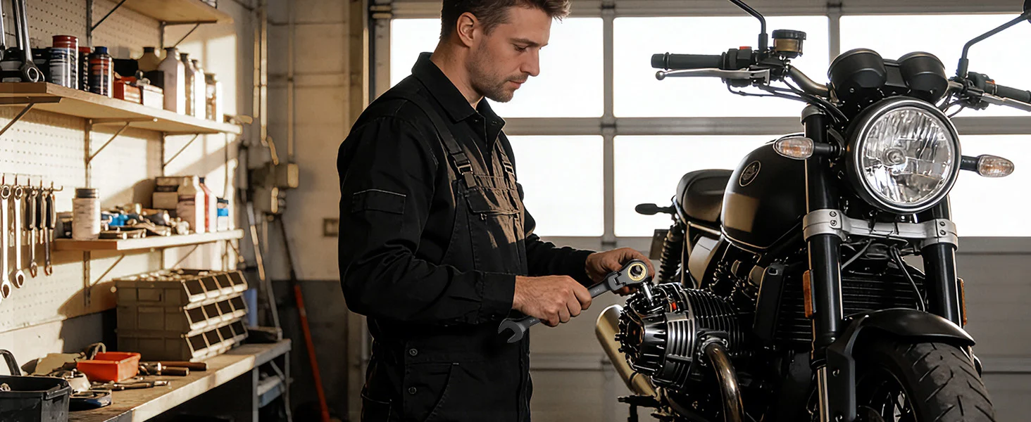 Mechanic in a workshop adjusts a motorcycle engine, showing innovation and durable quality in the garage light