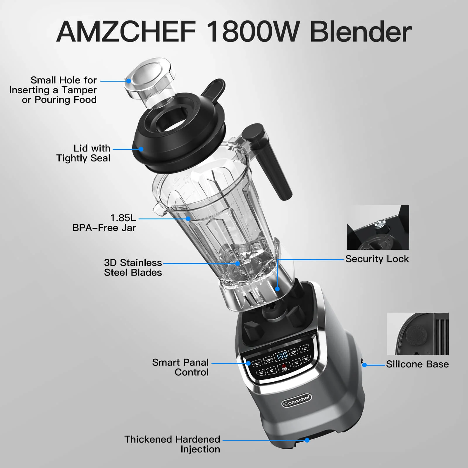 AMZCHEF ZM5003 Smoothie Countertop High-Speed Blender 1800W 3