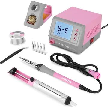 WORKPRO Soldering Station, 60W Soldering Iron Kit Digital Display, 5 Extra Iron Tips, Precision Temperature Control Solder Station for Electronic Repair, DIY Enthusiasts - Pink Ribbon