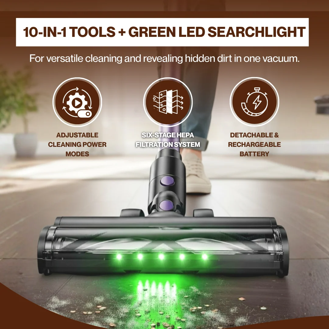 Cordless 10-in-1 Stick Vacuum with Powerful Suction and LED Light