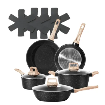 Granite Coated Nonstick Cookware Set in Aluminum with Glass Lids