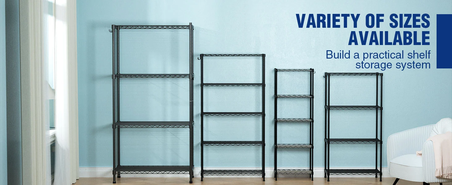 Metal shelving storage units in a bright room, with variety of sizes available text on the wall