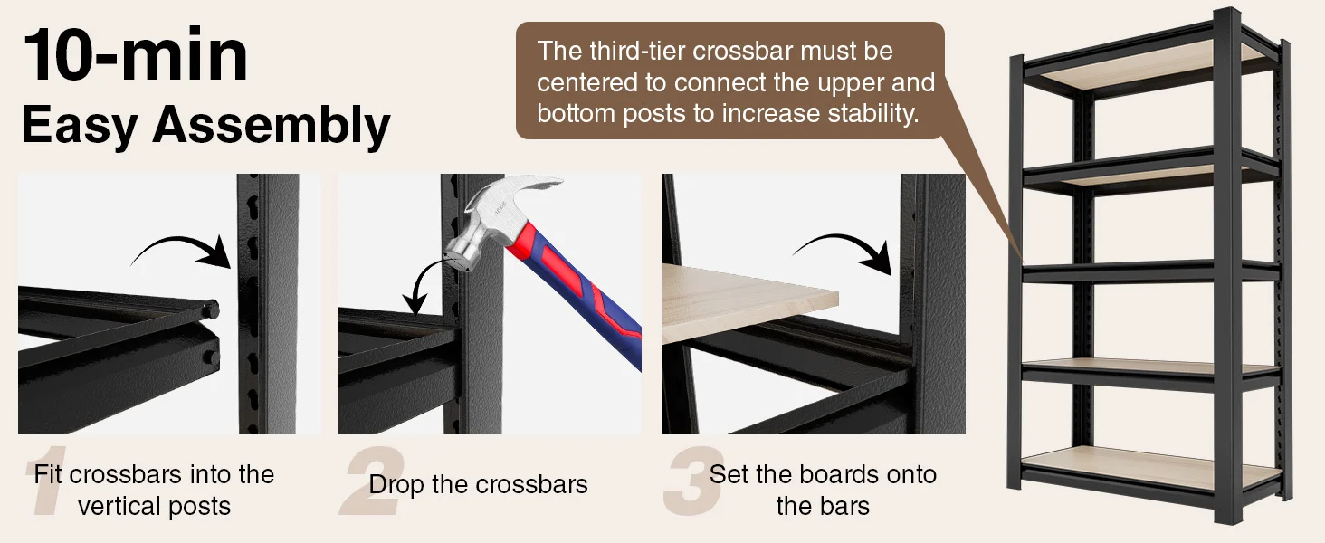 Metal shelving frame assembly steps with crossbars and boards, showing innovation and quality with stable construction
