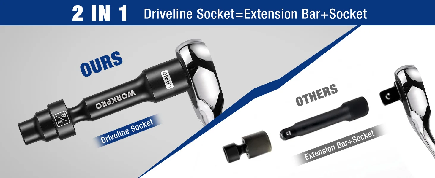 Socket extension bar and drive line socket set with innovation and quality, shown in black and silver metal