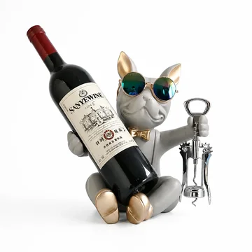 Wine Bottle Holder Bulldog Figurine Gold Accents & Corkscrew