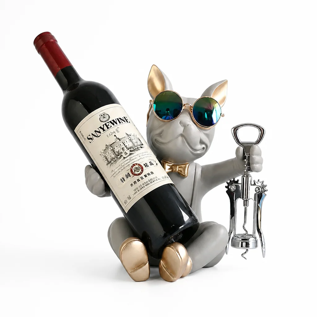 Wine Bottle Holder Bulldog Figurine Gold Accents & Corkscrew