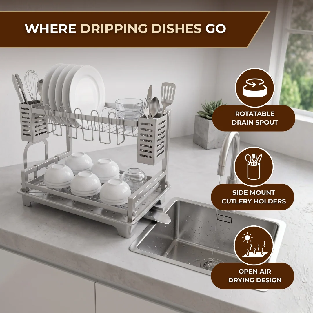 Two-Tier Dish Drying Rack with Drainboard and Utensil Holders