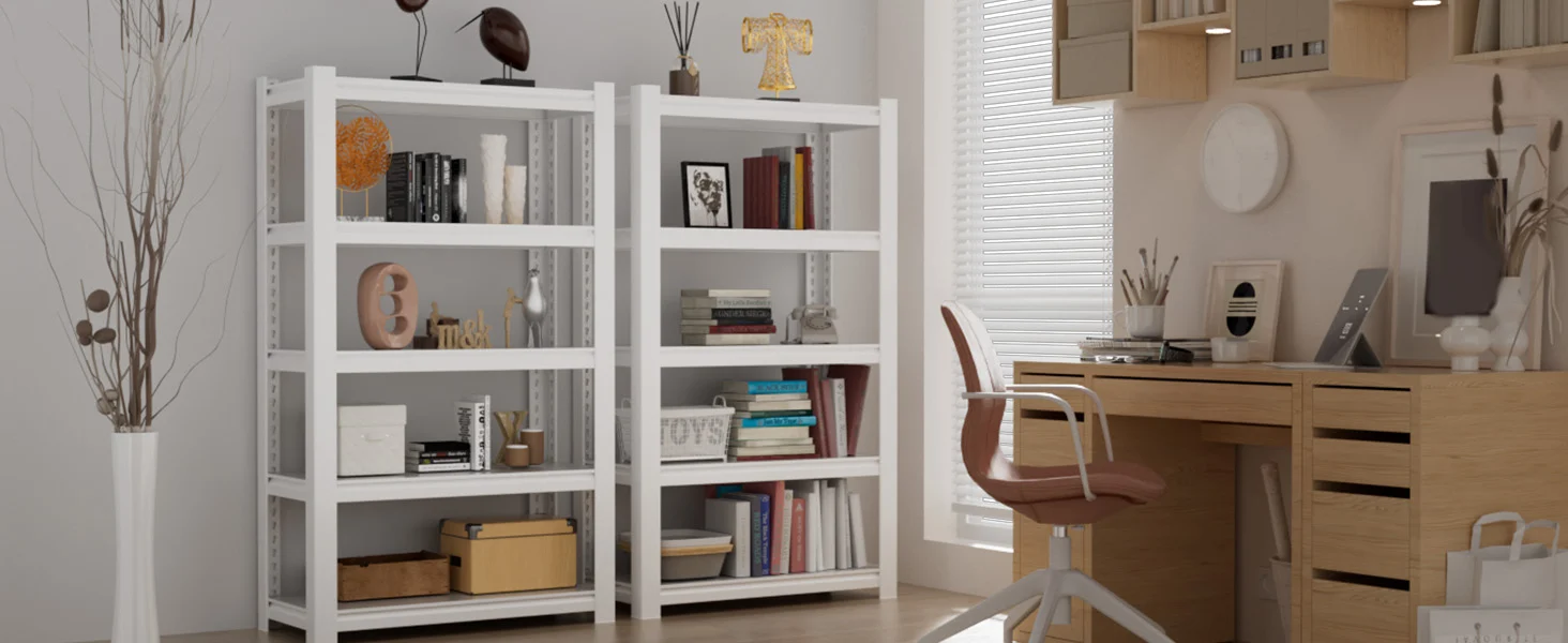 Modern office room with white bookshelf and wooden desk, showing innovation and quality in a bright workspace