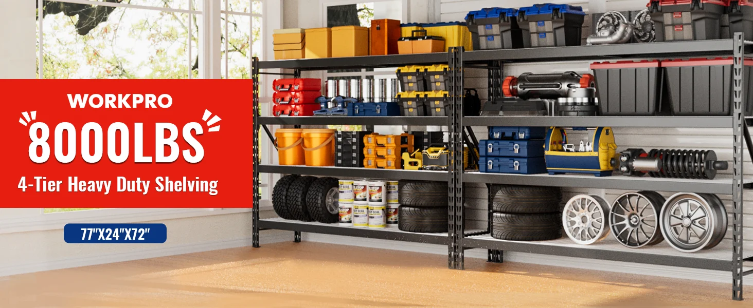 Metal shelving with tools and tires in a workshop, with visible boxes and containers on multiple tiers