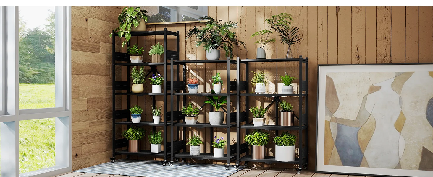 Indoor plant shelf with black metal frame holding many potted greens against wood wall, innovation and quality