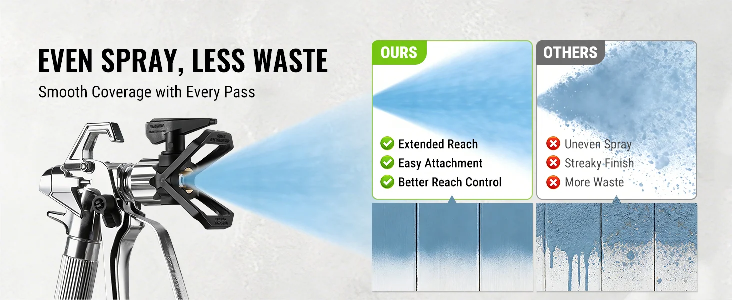 Paint sprayer marketing graphic showing innovation and quality with smooth spray, ours versus others comparison panels