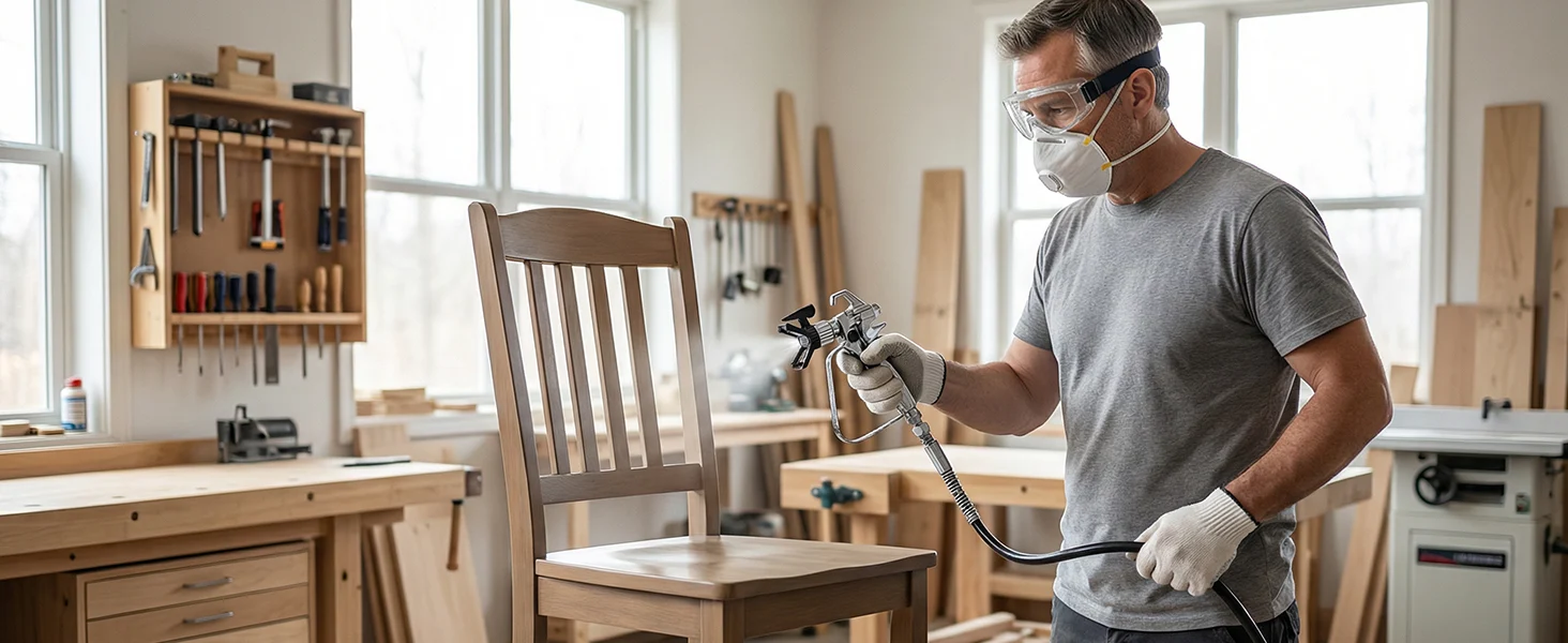 Worker in a workshop wearing a respirator and gloves, spraying a wooden chair with a paint gun