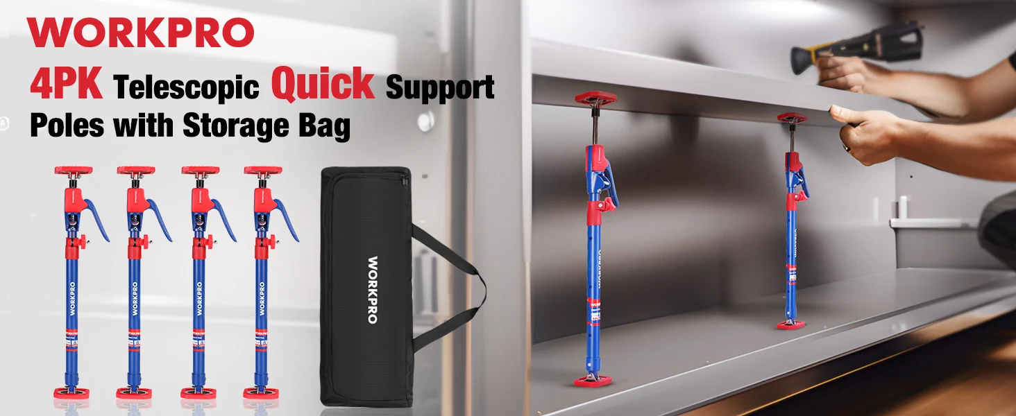 Telescopic quick support poles with storage bag, innovation and quality shown in a cabinet setup