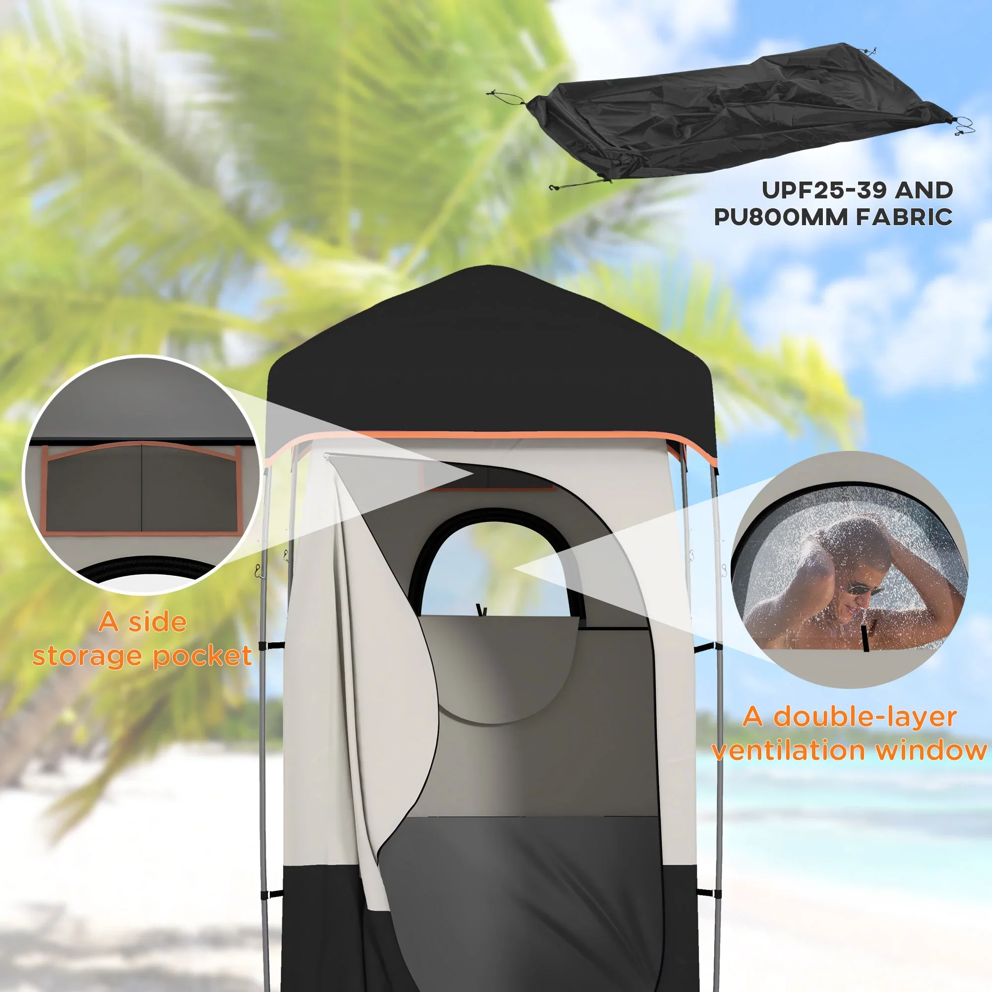 E-Western Outsunny Portable Shower Tent with Solar Shower Bag, Privacy Shelter, Camping Dressing Room, Includes Floor & Carrying Bag, Black, 28.7" x 6.7" x 6.7" - Image 2