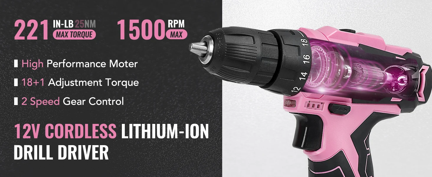 Pink and black cordless drill driver with visible speed settings, innovation and quality details on the display