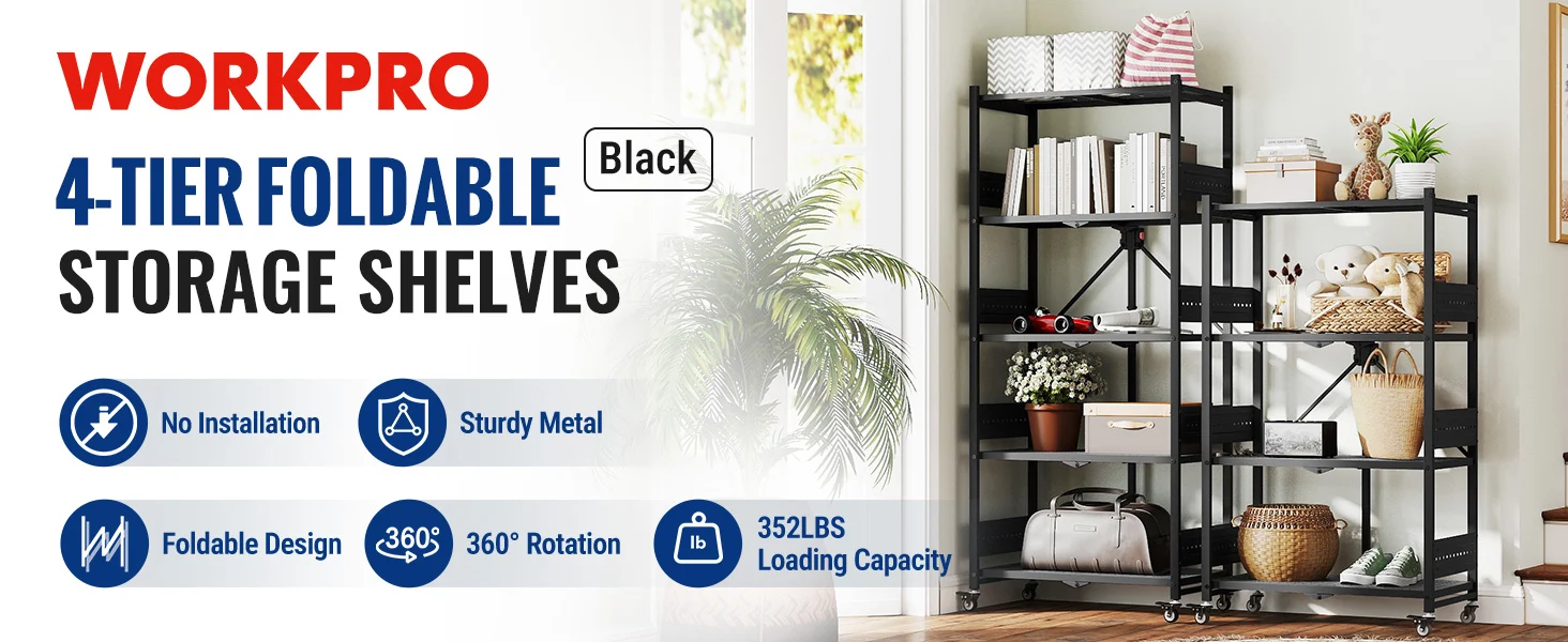 Black metal storage shelves with folded design in a bright living room, holding books, bins, and decor