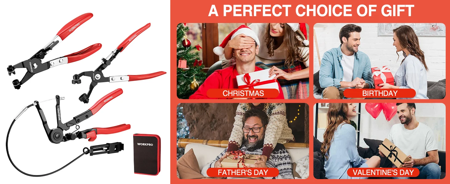 Tool kit with red and black pliers, and gift photos for Christmas, Birthday, Father's Day, and Valentine's Day