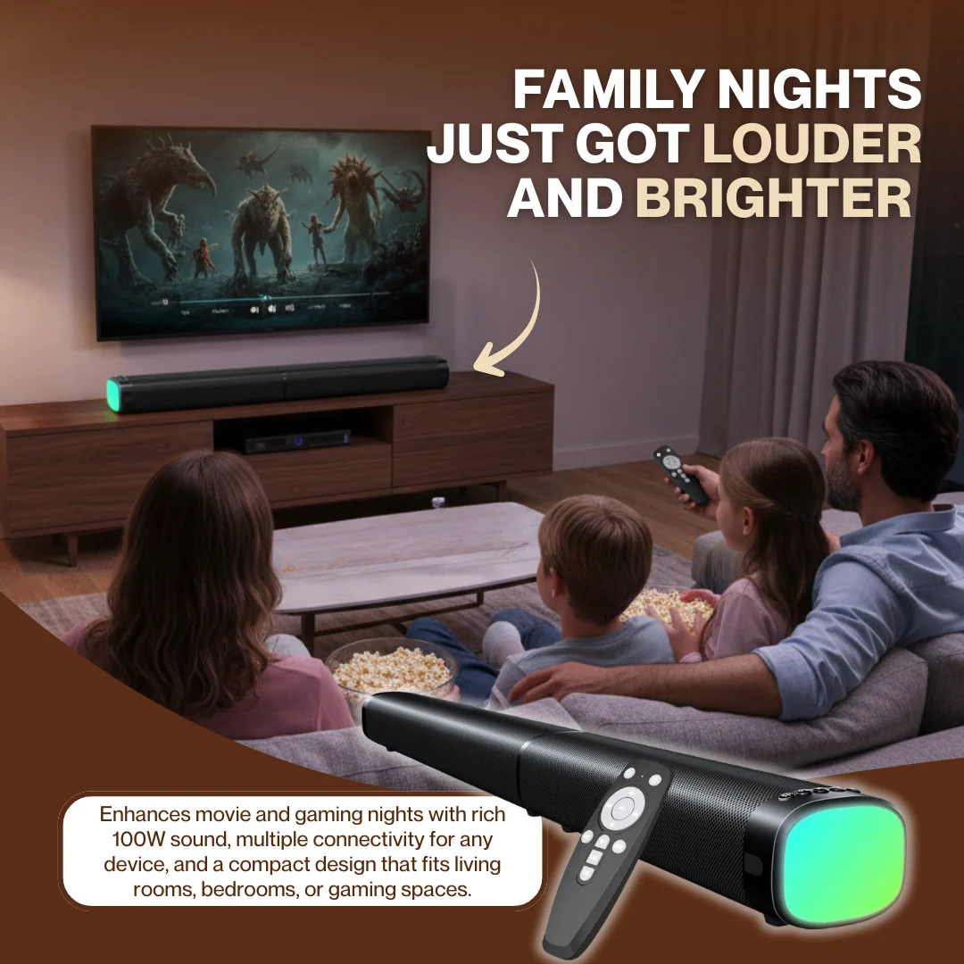 100W Sound Bar for Smart TV with RGB Lights, Bluetooth, Detachable