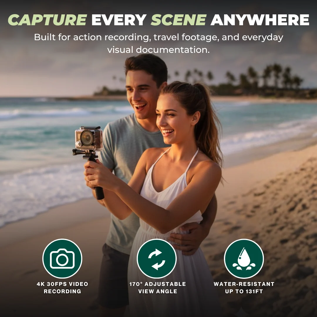 4K Action Camera with Dual Screens Water-Resistant Case WiFi Mount Kit