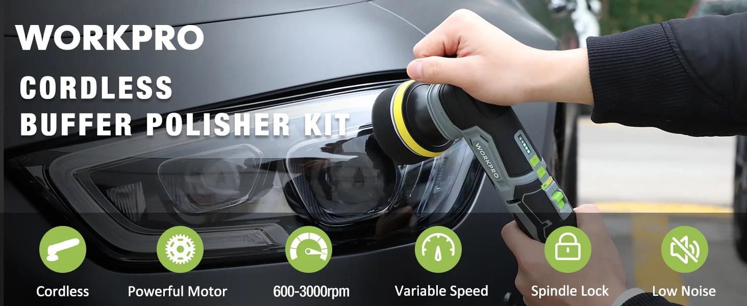 Cordless buffer polisher kit with a hand holding a power tool near a car headlight, showing innovation and quality