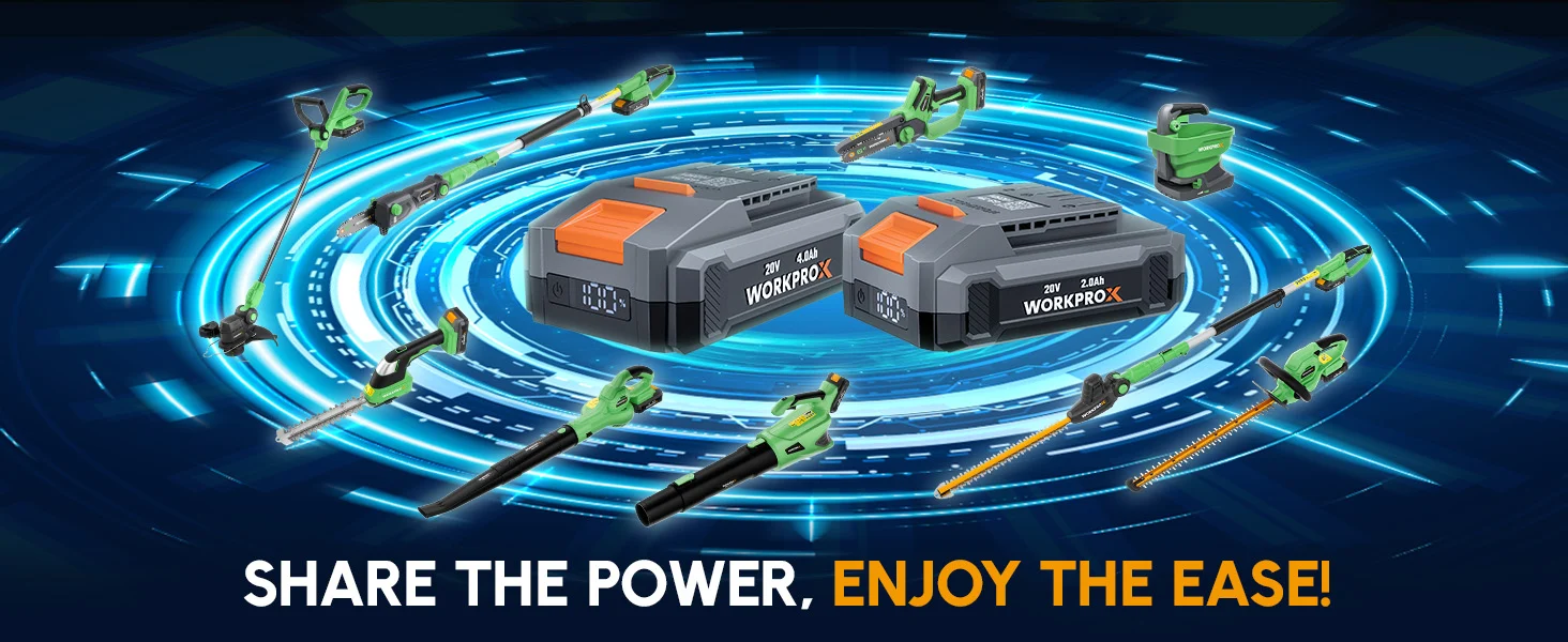 Cordless power tools with green accents and two battery packs on a blue innovation themed circuit background