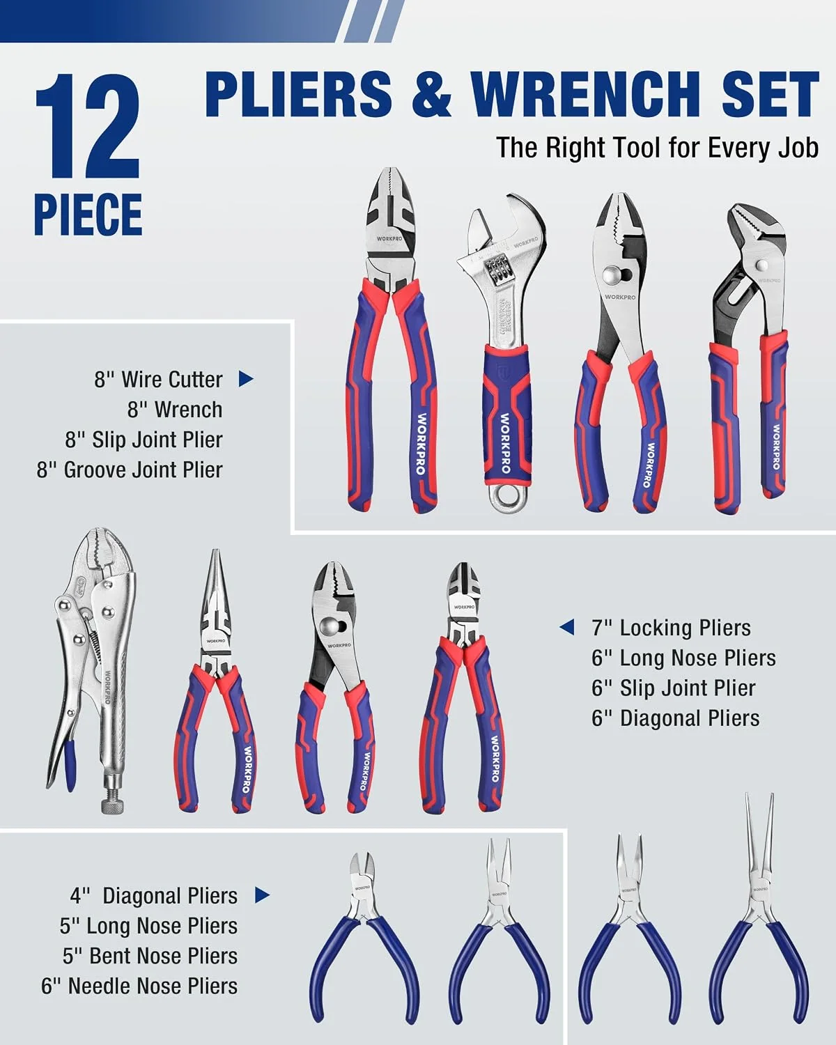 WORKPRO Pliers & Wrench Set, 12-Piece Pliers Tool Set with Organizer | 12-Piece Pliers Set Kit Made with CR-V & Carbon Steel, Ergonomic Grips, Ideal for Home & Garage, Suitable for gifting - Image 2
