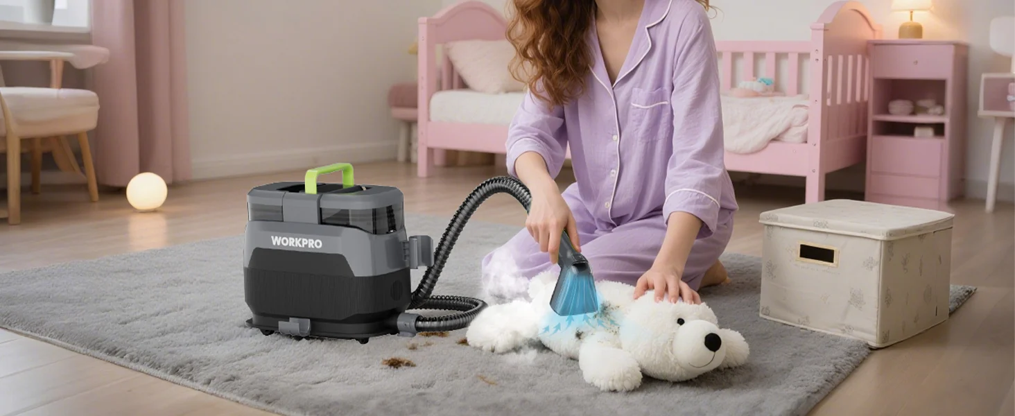Child in lavender pajamas uses a vacuum cleaner with innovation and quality on a gray rug, with visible dust