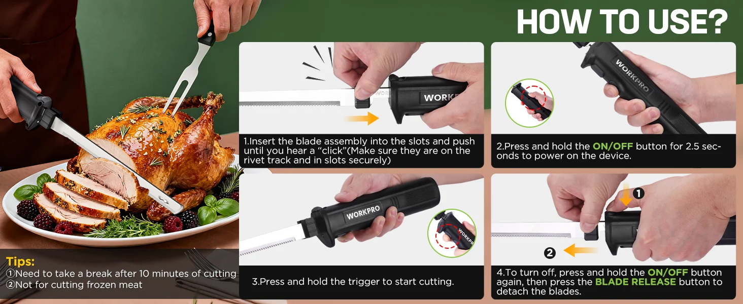 Kitchen knife cutting a roasted chicken on a plate, with instruction panels for innovation, quality, secure use