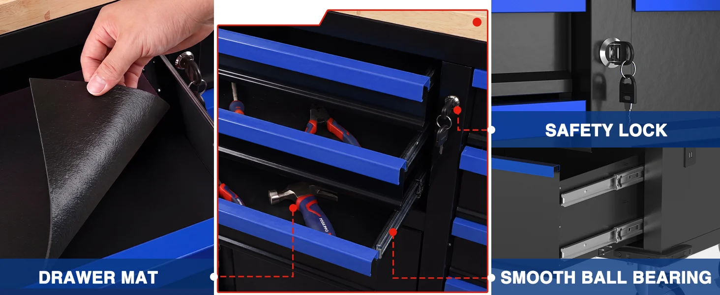 Tool drawer cabinet with blue rails, keys, and a drawer mat, showing innovation and quality in a secure design