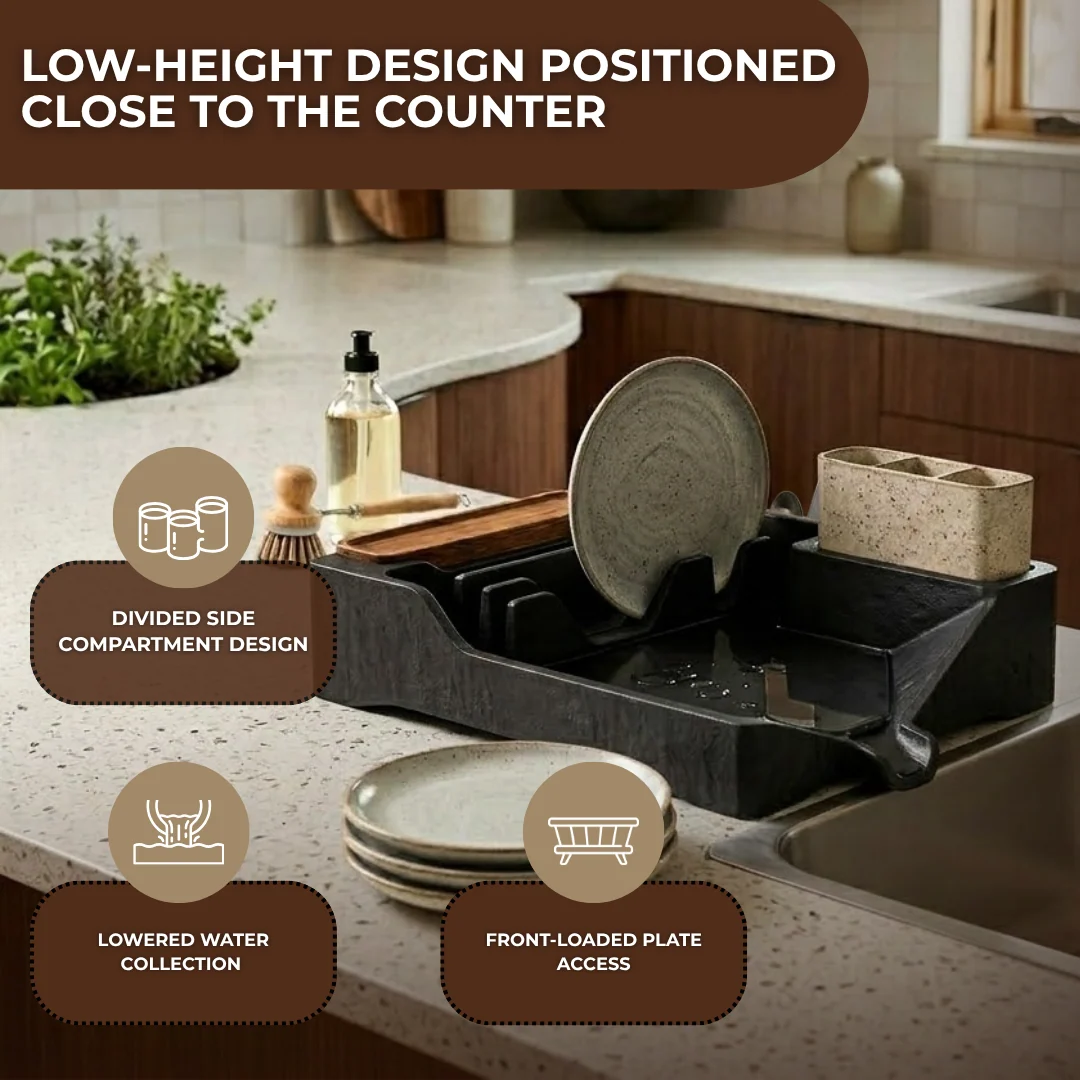 Dish Drying Rack with Drain Tray, Utensil Holder, and Cup Shelf