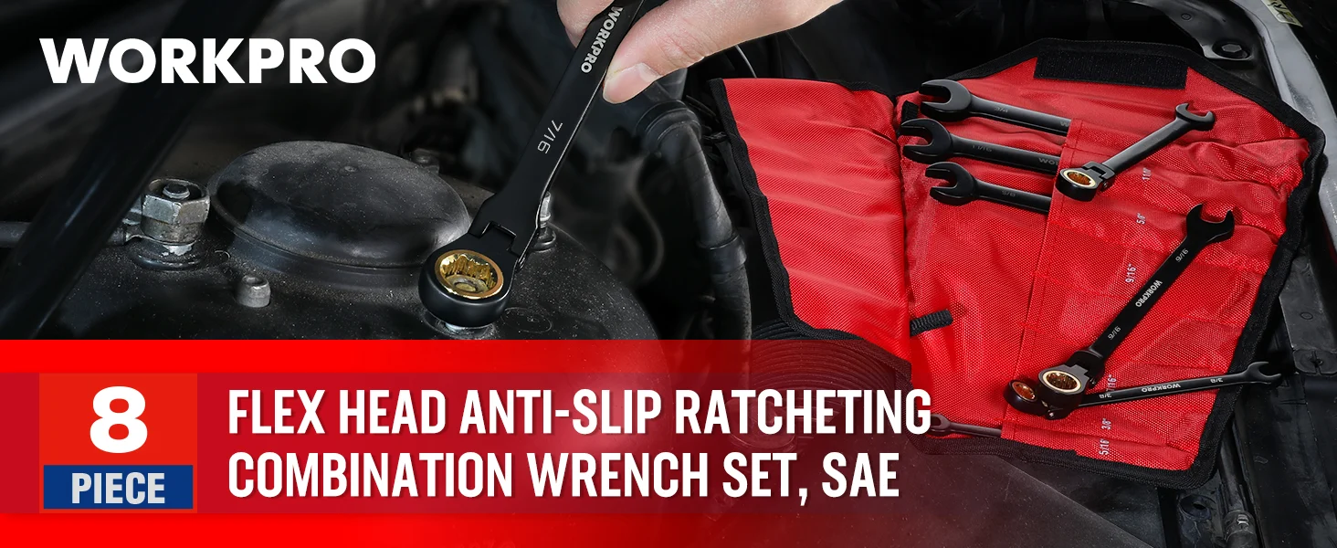 Combination wrench set with red anti slip ratcheting tools in a black case, shown in a car engine bay