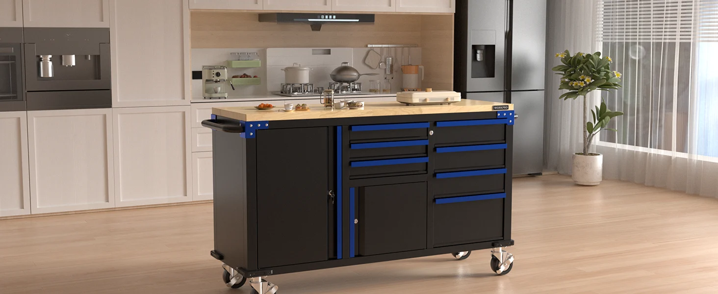Workbench cart in a bright kitchen with black drawers, blue trim, and wheels, with kitchen tools in the background