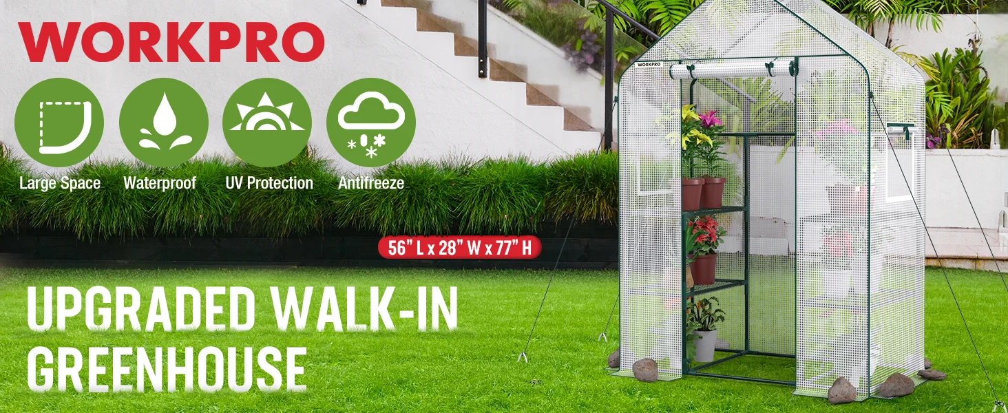 Greenhouse with mesh panels and plants in a yard, with waterproof UV protection and antfreeze icons on a wall